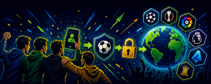 Ilustración de un grupo de amigos compitiendo en pronósticos de fútbol
