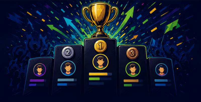 Ilustración de un ranking de jugadores con medallas y trofeos
